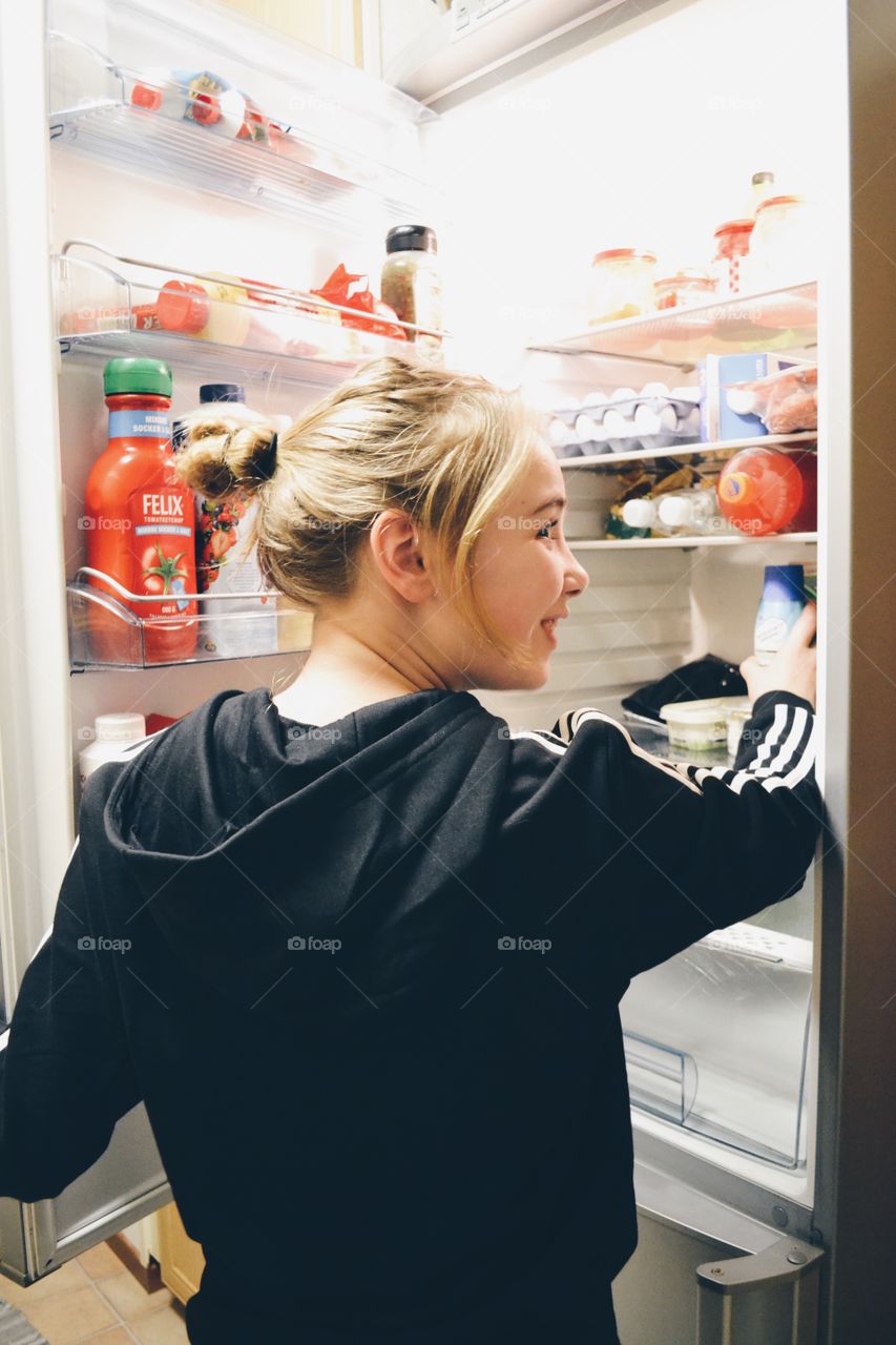 Indoors, Woman, Refrigerator, People, Shopping