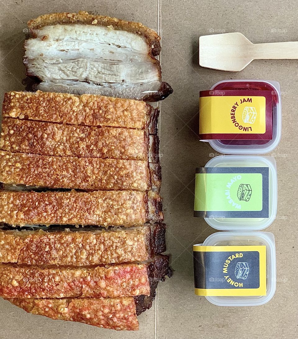 Roasted pork belly with 3 sauces: lingonberry jam, honey mustard and wasabi mayo 