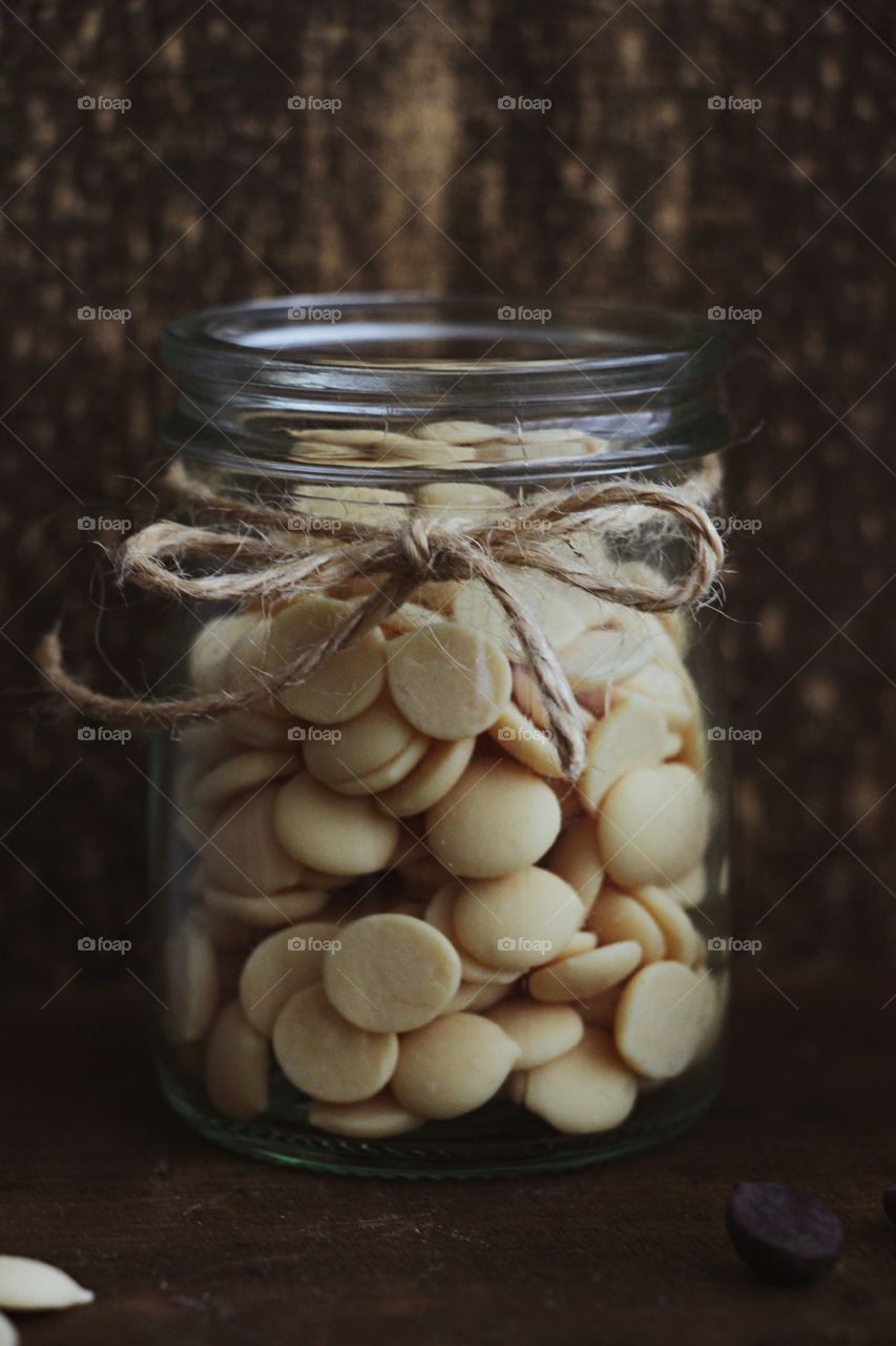 A jar of white chocolate chips