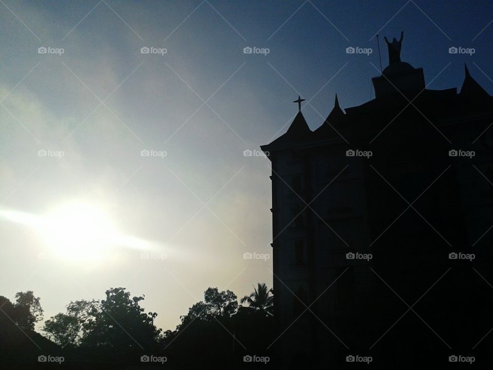 church covered with fog, morning view