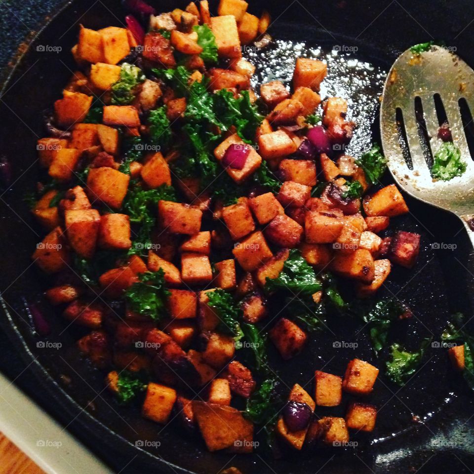 Homegrown. Homegrown veggies for sweet potato and kale hash. 