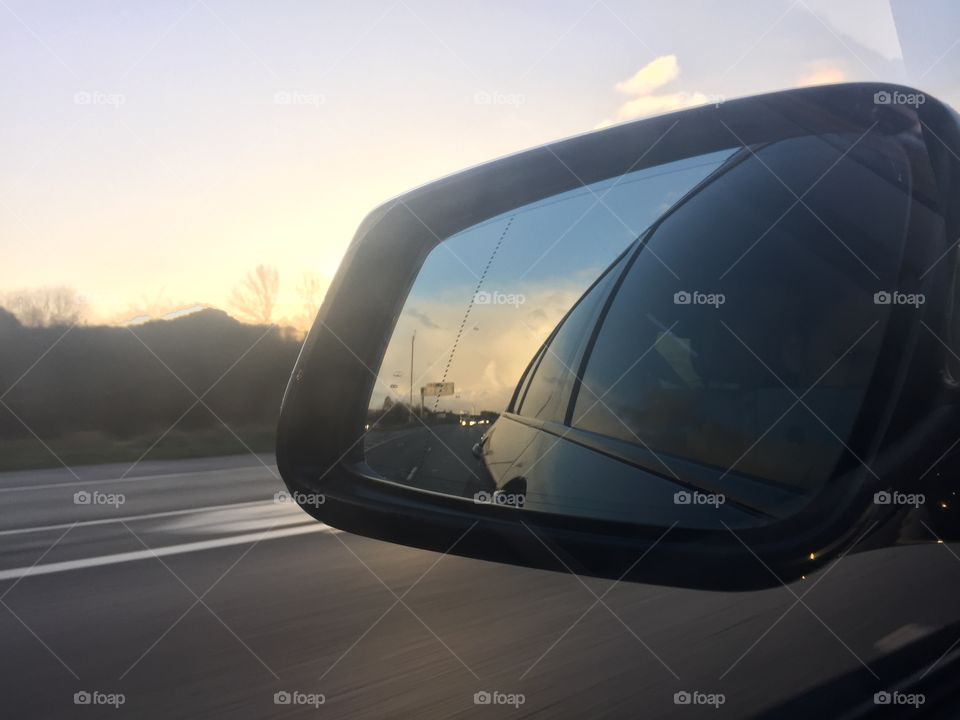 BMW M5, car trips, speed, blue car, mirror, sunrise, road trip