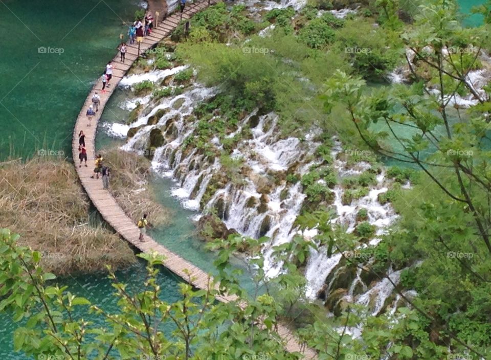 Walking on the water. Wooden bridges in Plitvicke national park. Croatia