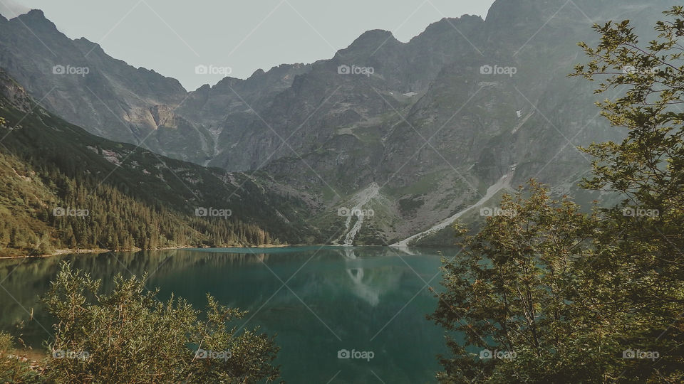 view of mountain landscape, lake in summer