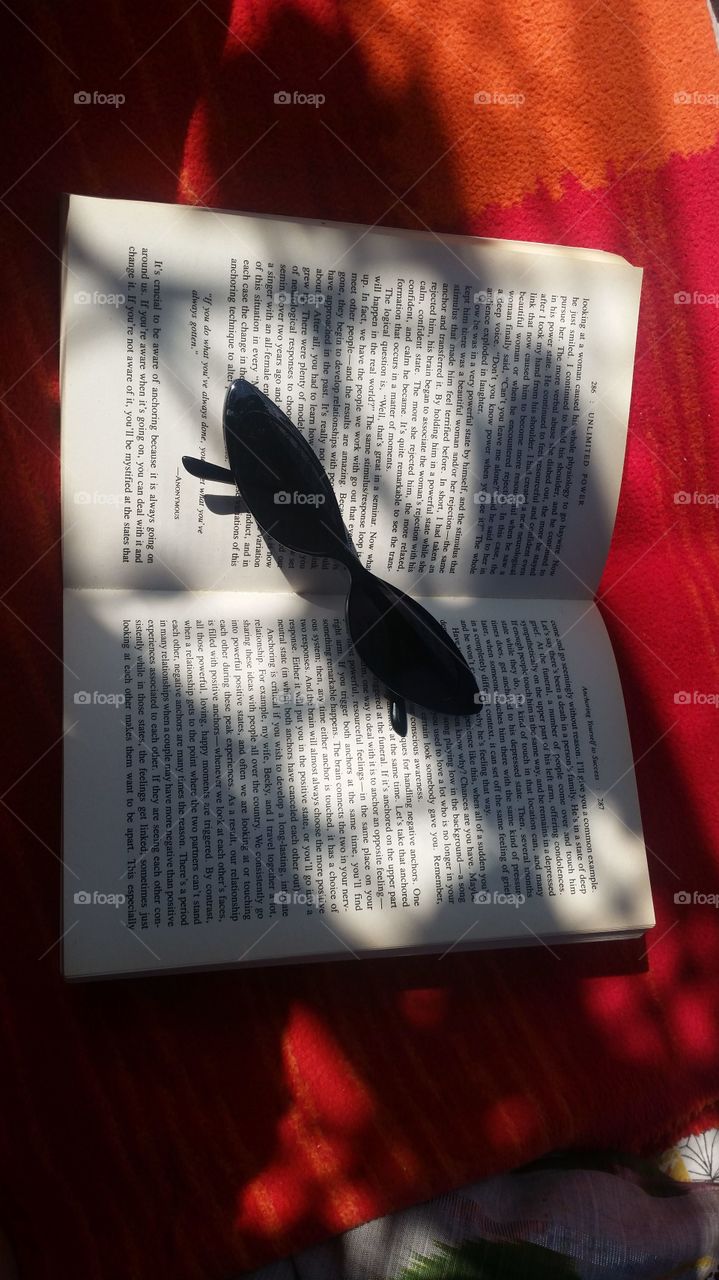 book and stylish cat eye black sunglasses on top of a red blanket in the sun and partly in shades