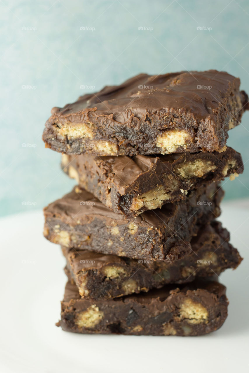 Stack of chocolate fridge cake. Stack of chocolate fridge cake or icebox cake