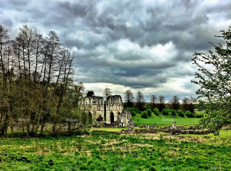 Monastery ruins in Yorkshire landscape 