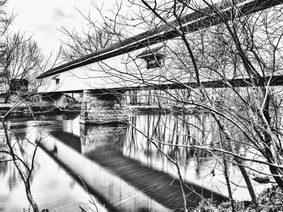 Black and white of the old covered bridge in Indiana 