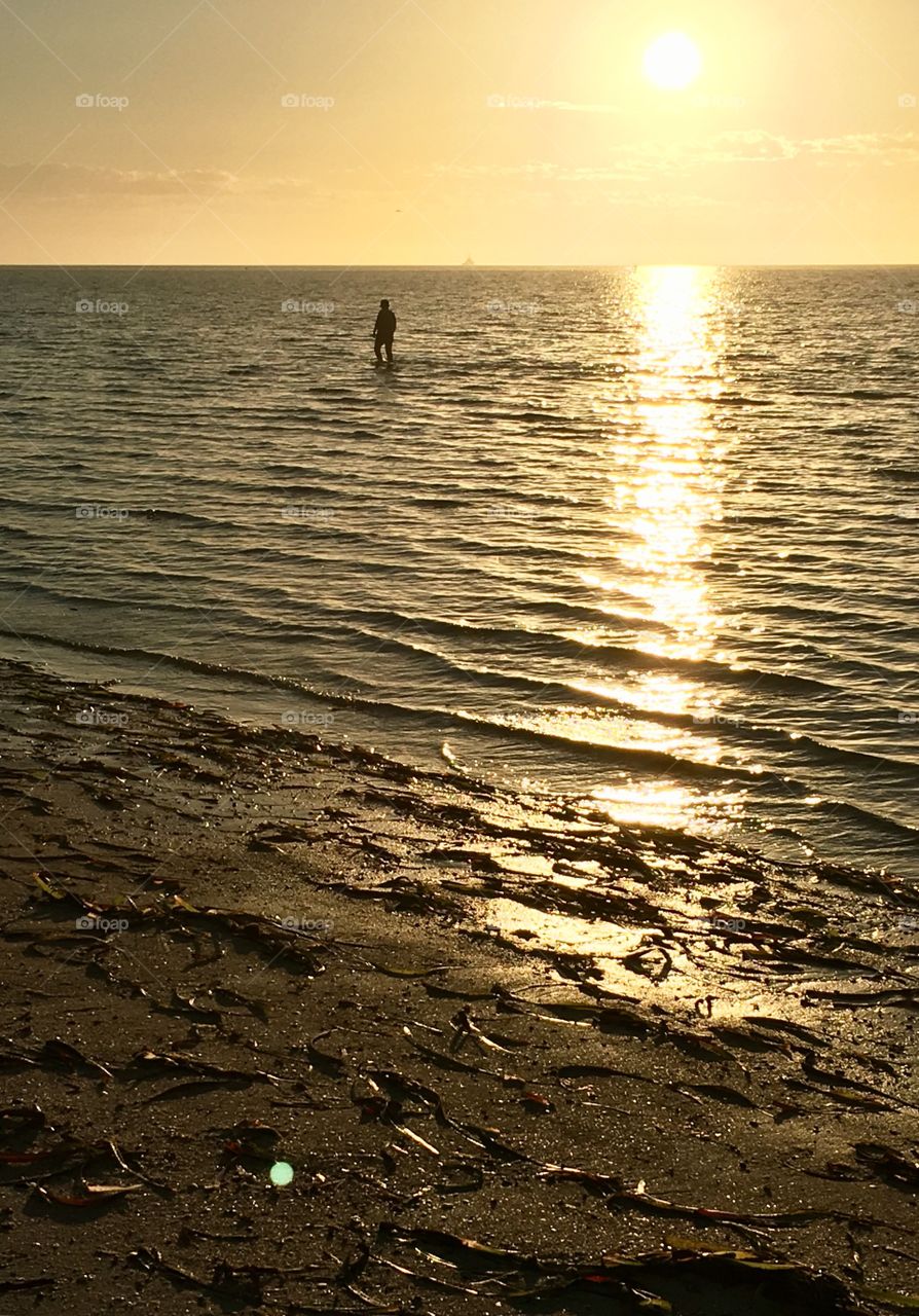 Person walking in distance ocean at sunrise 