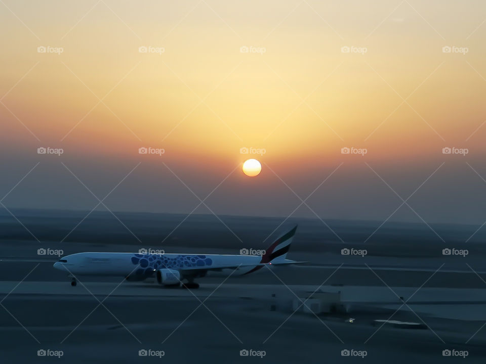 A plane is running fast and getting ready to fly at sunset