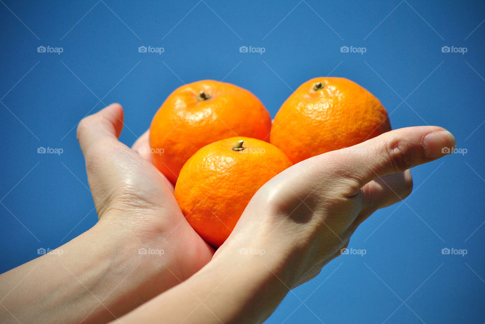 Holding oranges in hand