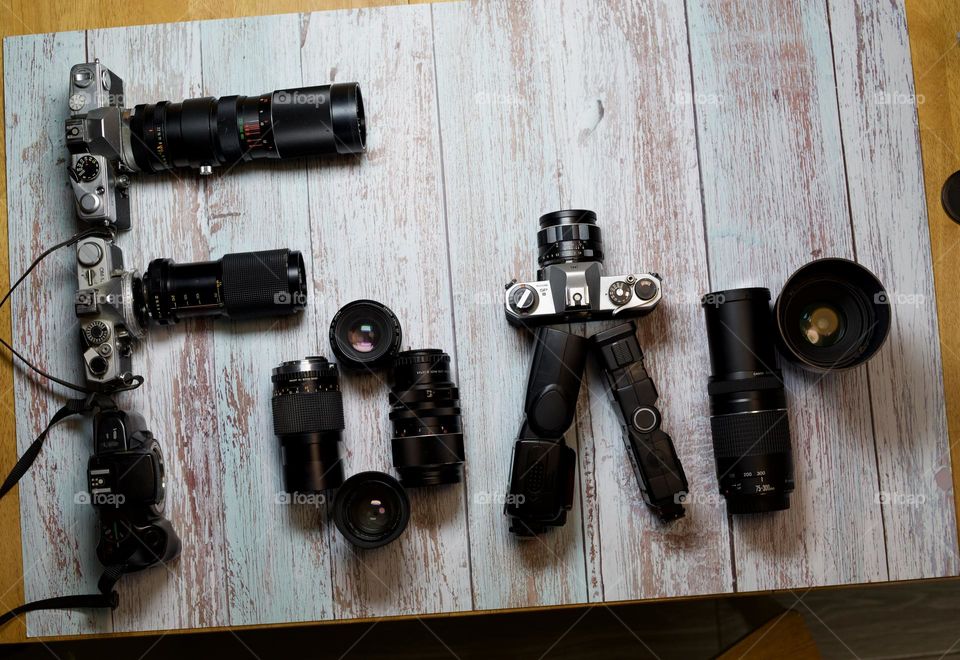 Flatlay set up, Foap spelled out in equipment