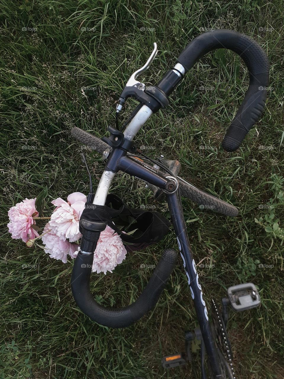 The steering wheel of a sports bike with a bag with pink peonies that evokes the emotion of unexpectedness