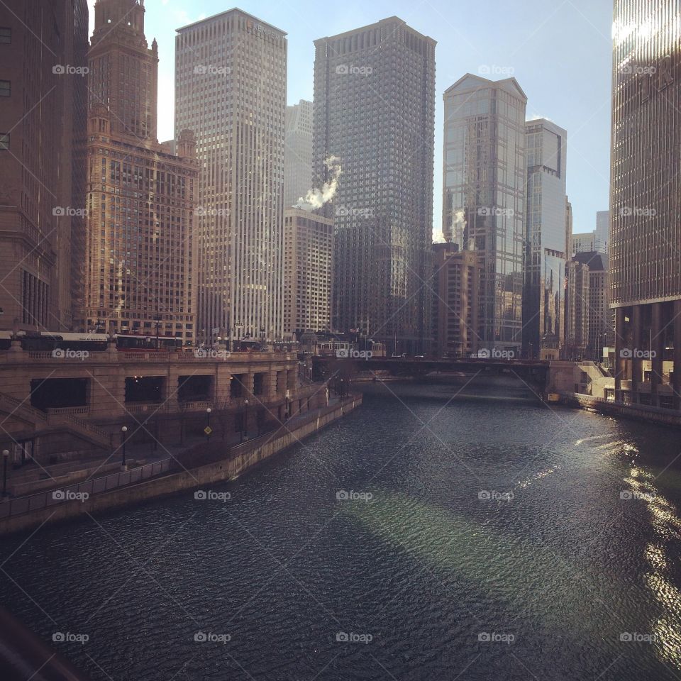 Street view of Chicago River. 