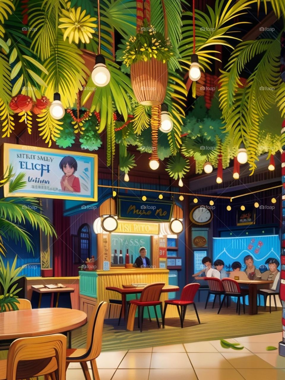 Cartoon image of the atmosphere in a beer bar.