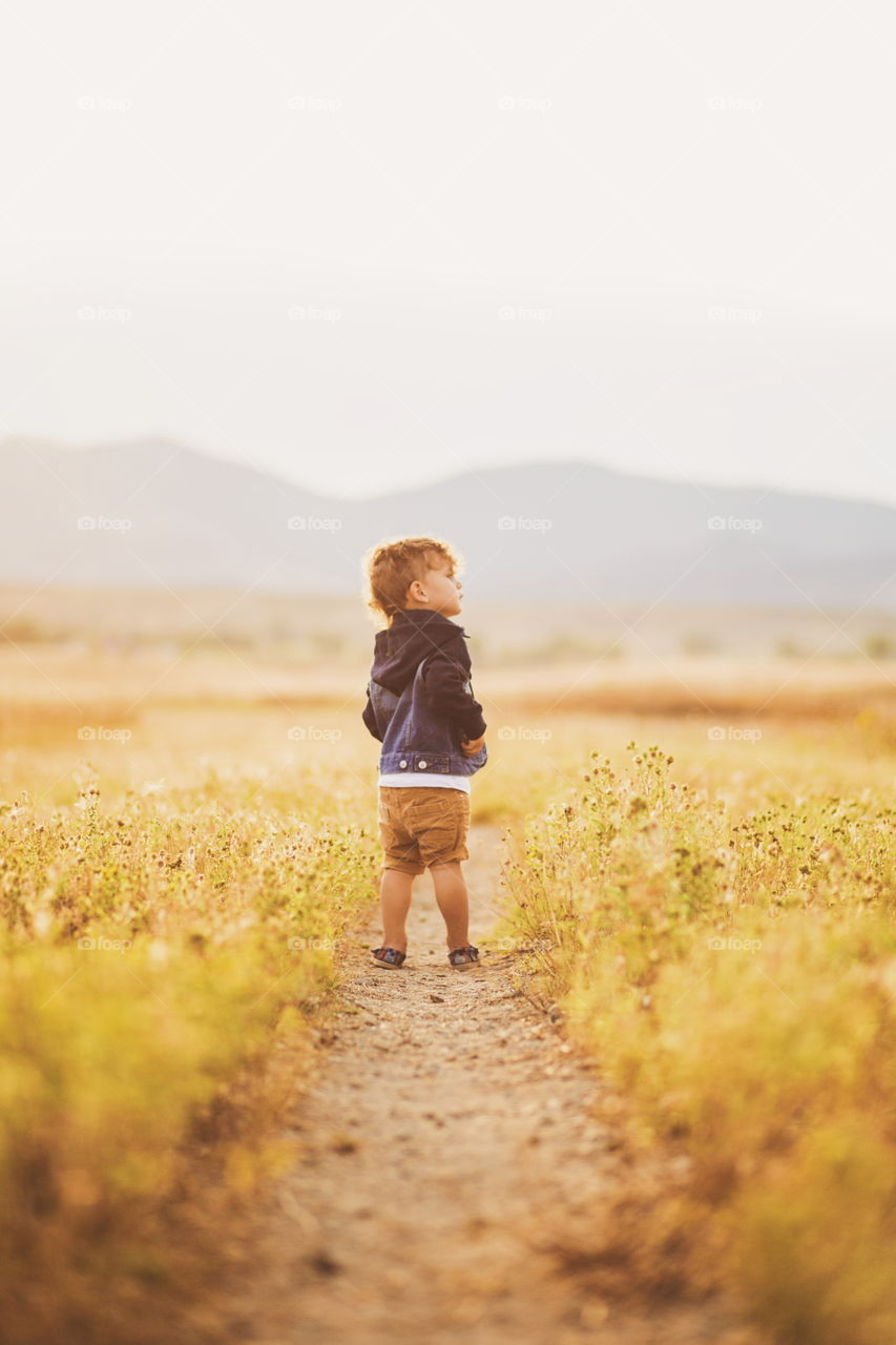 Rear view of boy standing in field