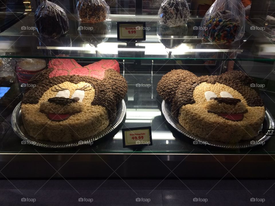 Very large Mickey and Minnie Mouse  Rice Krispy treats.