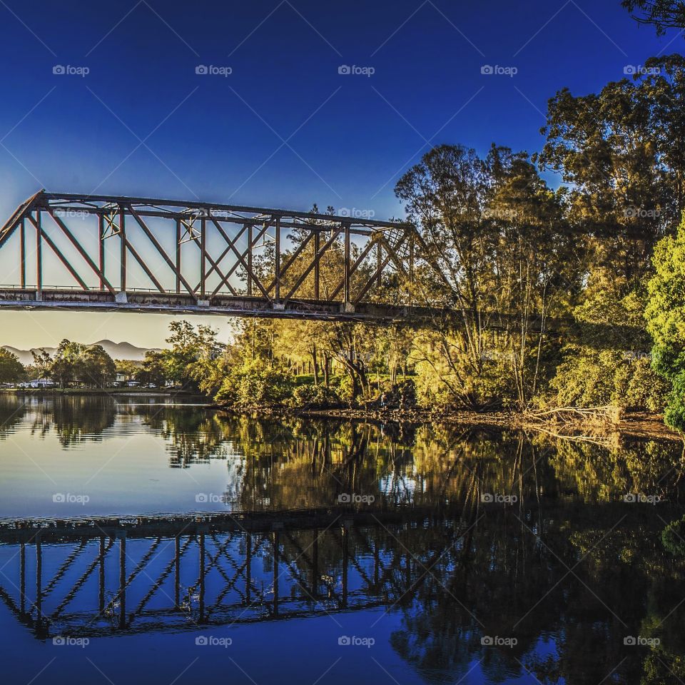 Bridge and trees reflecting on lake