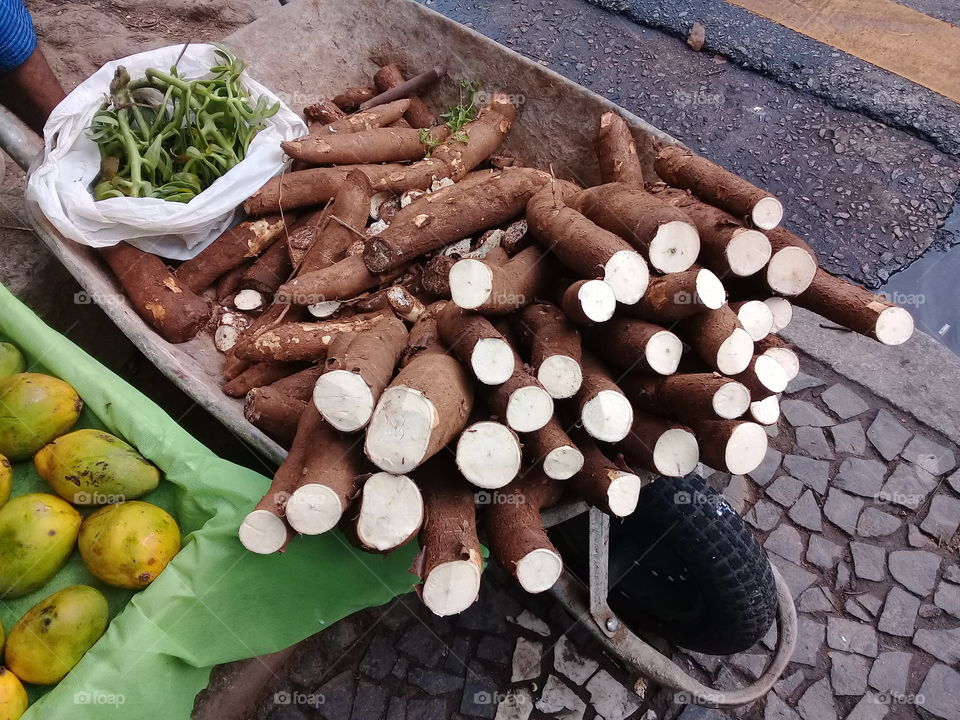 Street market . Manioc.  Mandioca