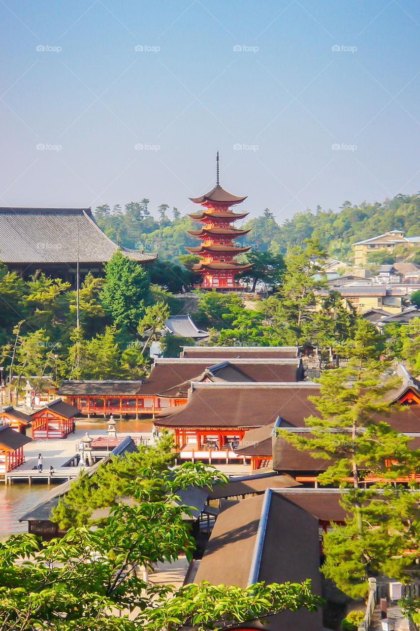 View at the famous Japanese shrines Itsukushima, Senjokaku and shinto pagoda at the island Miyajima, Japan