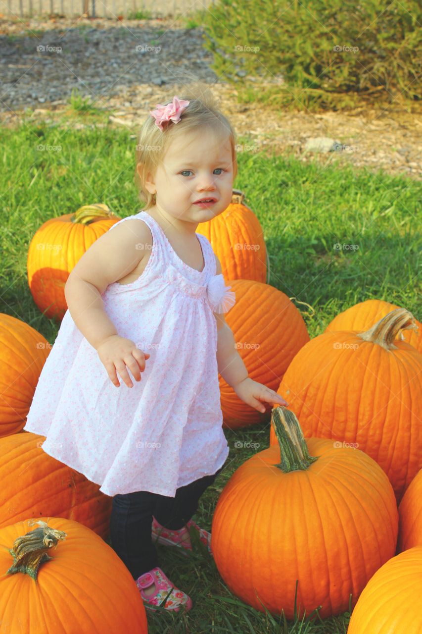 Child in pumpkins