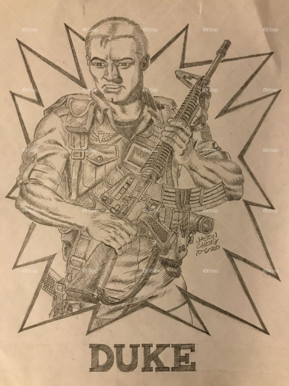 A pencil rendering of Duke from GI JOE: A REAL AMERICAN HERO. The sergeant of the GI Joe counter-terrorist team is depicted here with accurate, standard US gear, equipment and arms.