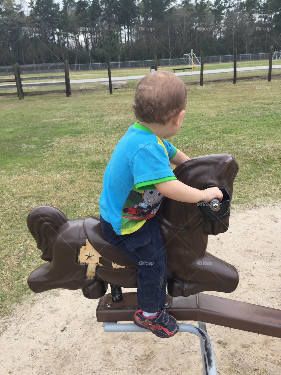 Grandson playing at the park in new Caney Texas on the bouncing horse