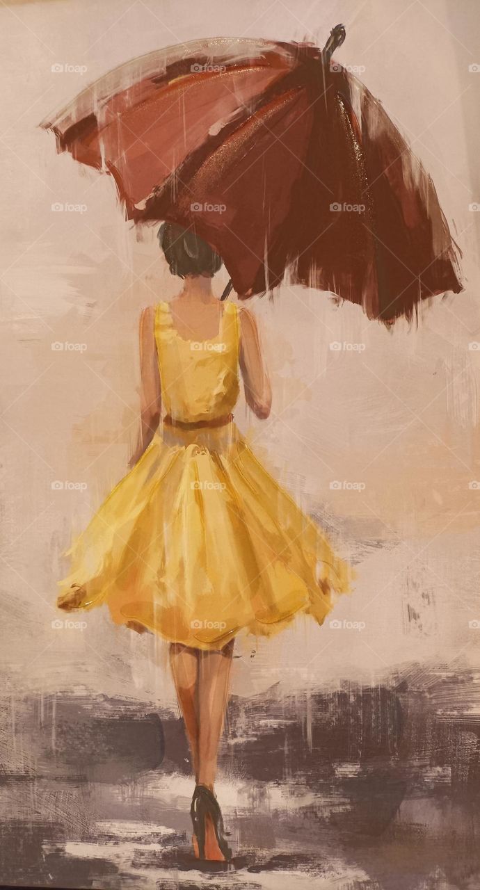 A captivating scene unfolds as a girl in a radiant yellow dress gracefully twirls, holding a striking red umbrella against a backdrop of raindrops, creating a picturesque moment that's both vibrant and enchanting.