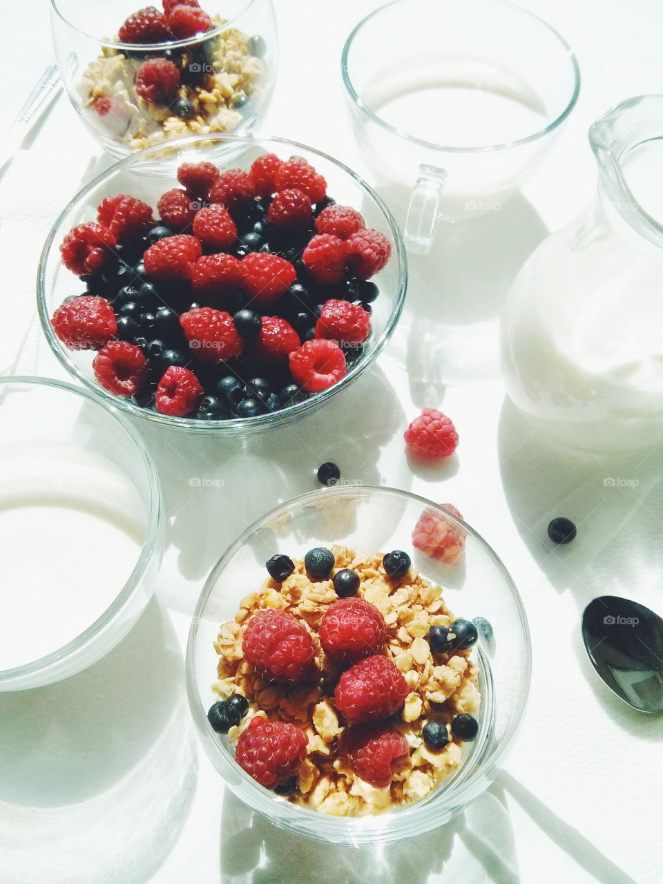 Summer sunny breakfast. Summer sunny breakfast on white tablecloth