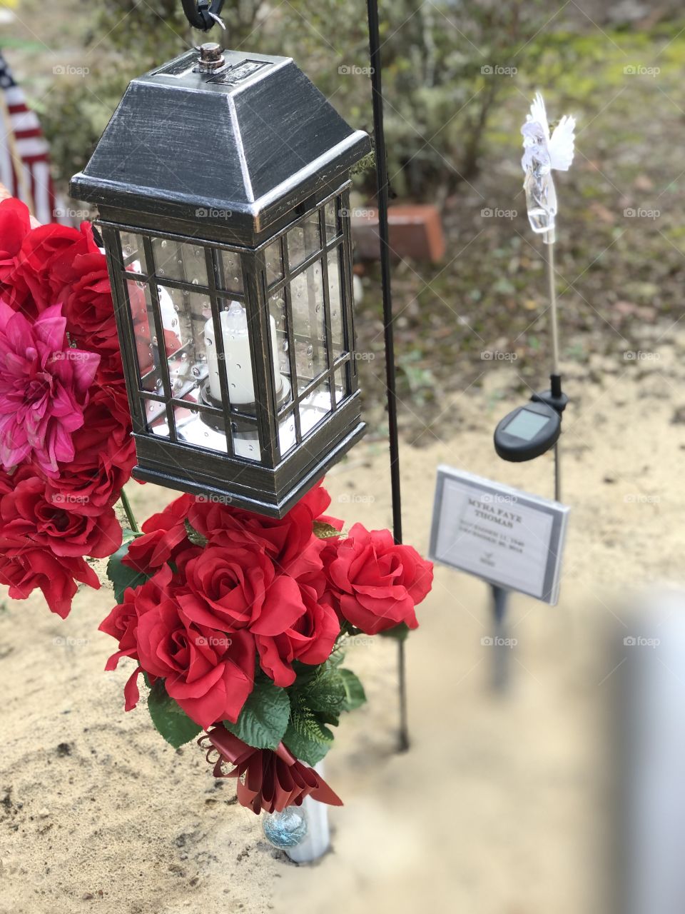 Beautiful night lantern on a loved one’s grave at Halfway Creek Cemetery 