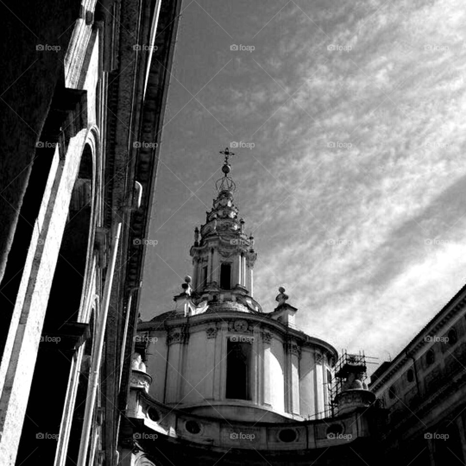Church Architecture in Rome. A cathedral off a side street by Piazza Navona in Roma, Italy. 