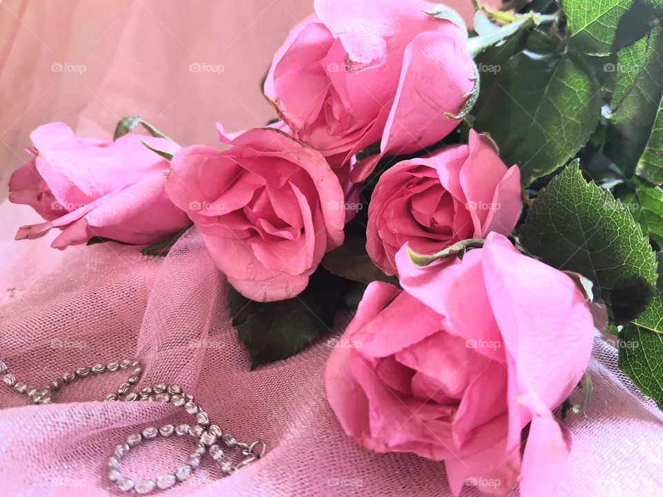 Pink roses and gift necklace