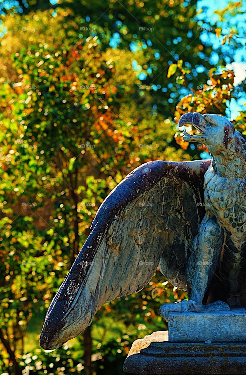 Eagle Statue With Fall Leaves In Background, Autumn Backdrop, Statue In The Park, New York Statues, Eagles And America, Americana Decor, Autumn In The Park, Fall Leaves In The Park