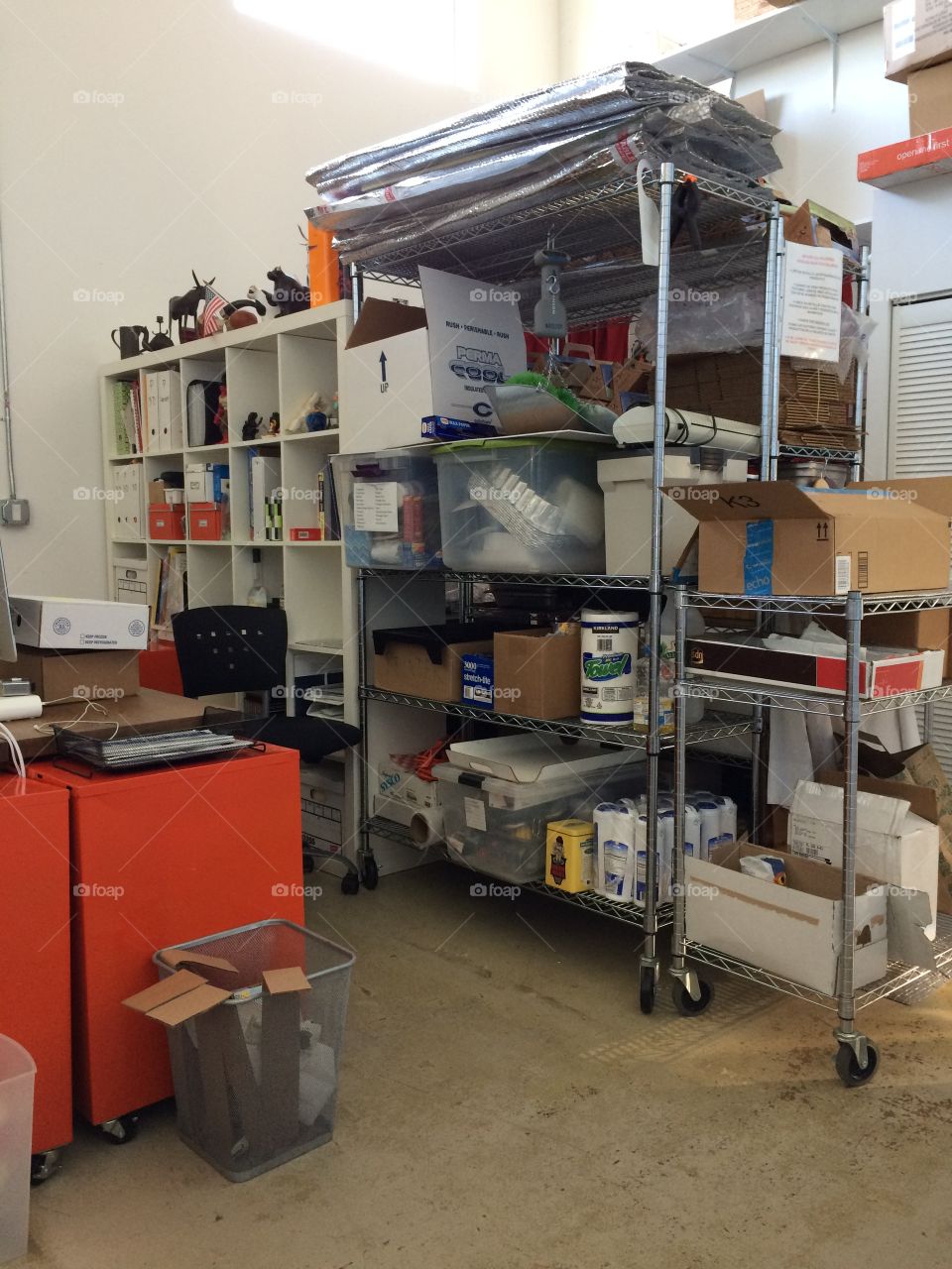 Messy bookshelf office space