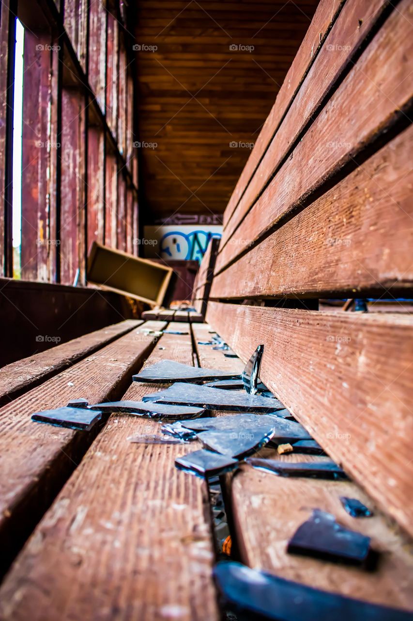 Broken glass at an abandoned ski resort