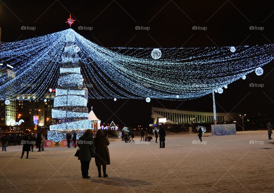 Christmas tree lights night view city winter holiday