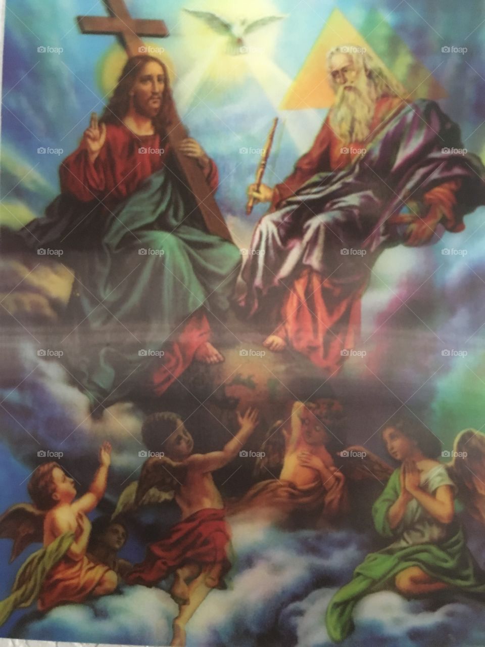 Lots of colors in this three D heavenly picture. God, Jesus and all his children.