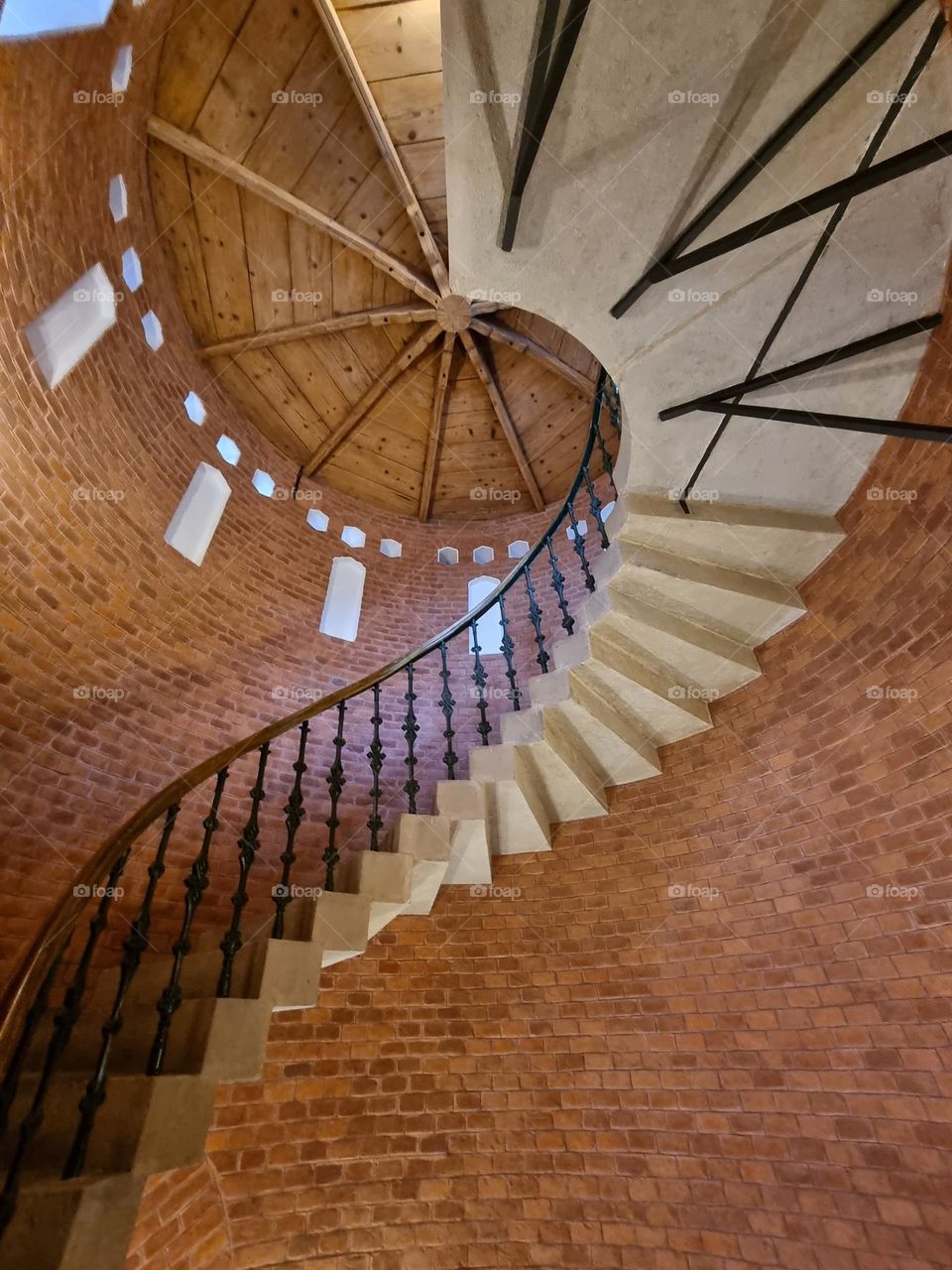 Spiralling stairs, seen from below