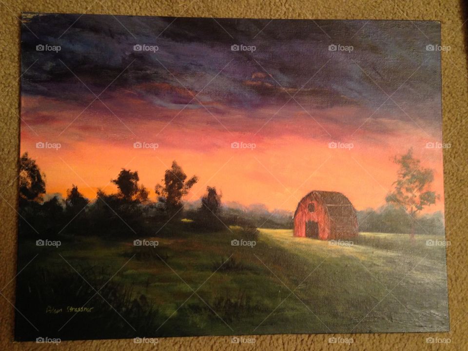 Barn sunset. I painted this painting with acrylic on canvas. Beautiful original painting