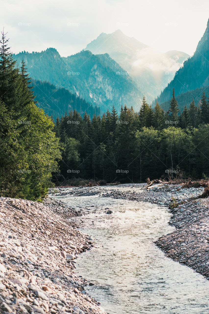 Mountain river valley landscape. Natural scenery of the mountain stream, pine trees and mountain peaks in Tatra Mountains