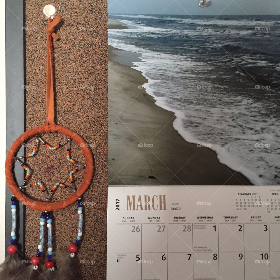 March calendar with beach scene and Dreamcatcher