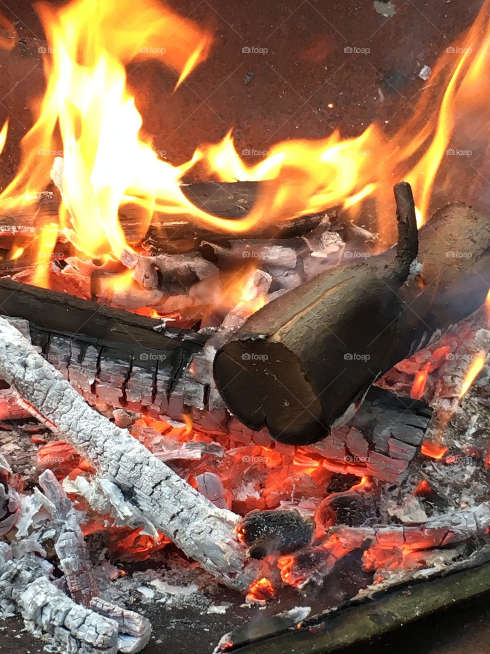 Close up view of wood on fire in a fire pit in the garden
