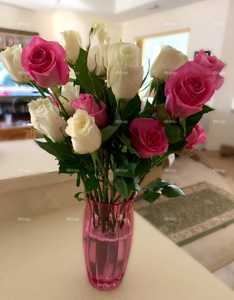 Pink and white roses in a vase.