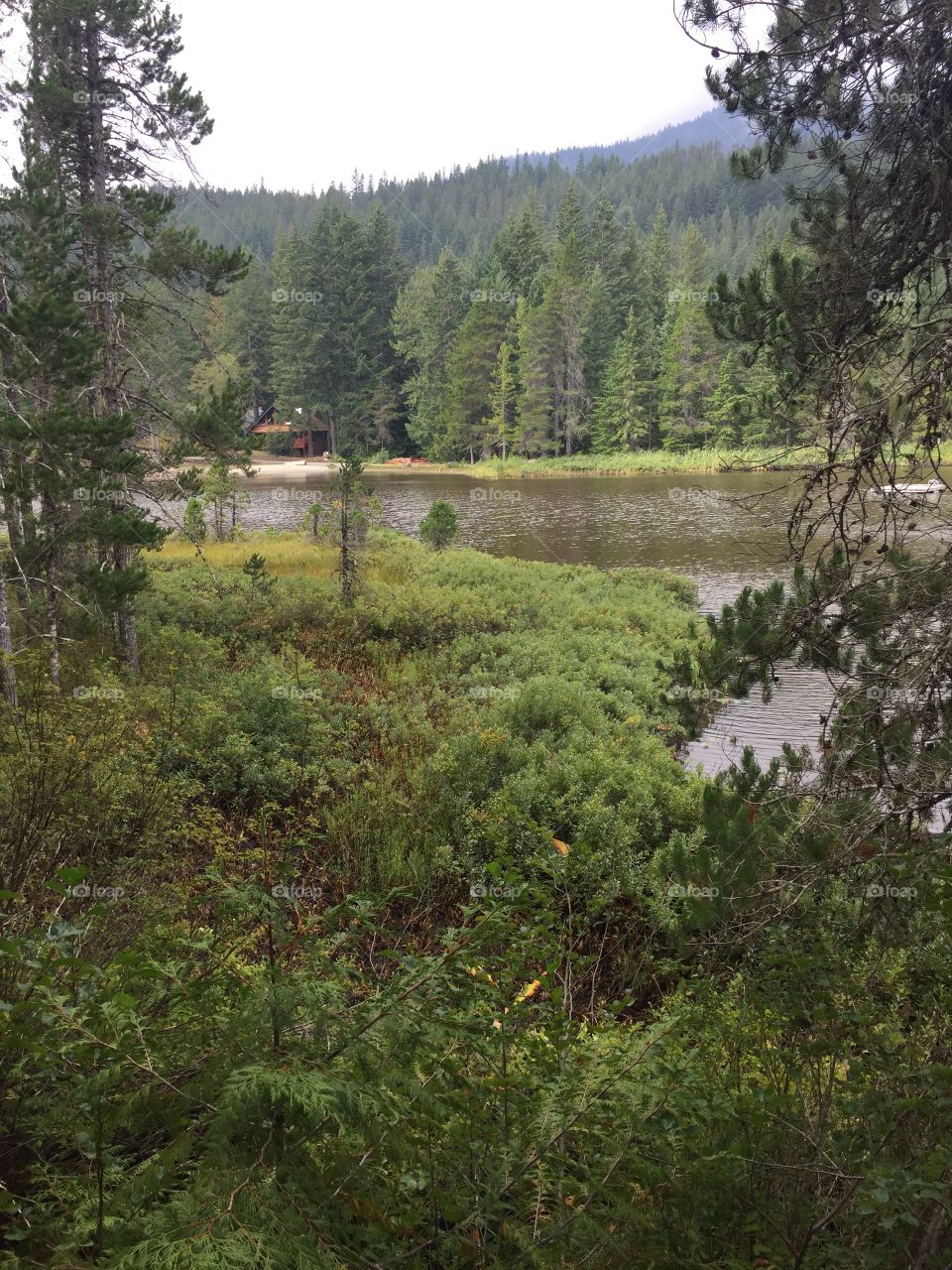 View of pinecrest lake in beautiful BC covered with green and red foliage.