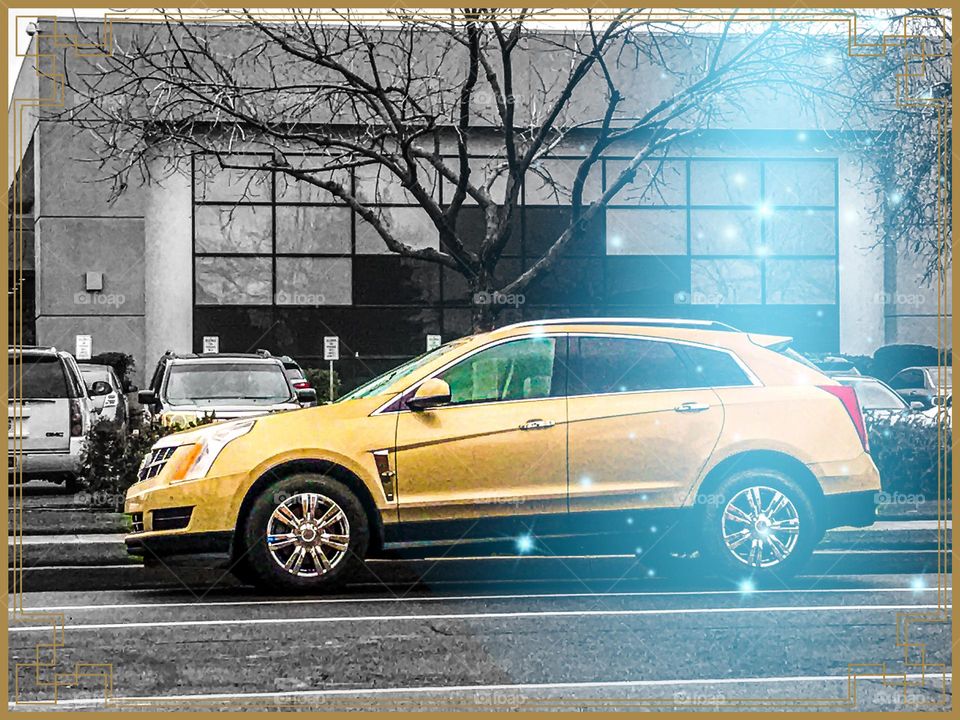 A SUV parked in front of the church on Sunday morning.