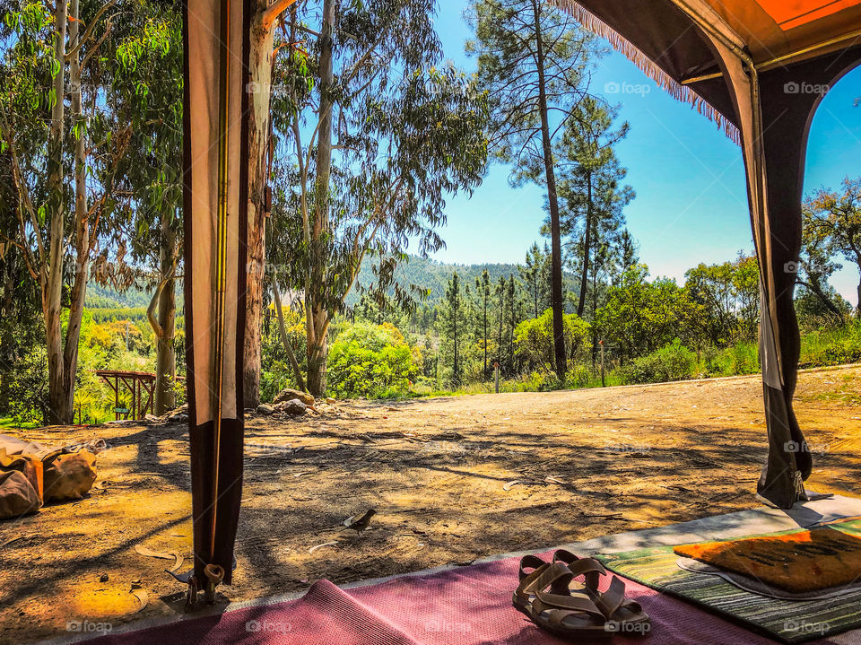 View out onto a green and sunny landscape through the open windows of a caravan awning - camping in Central Portugal 