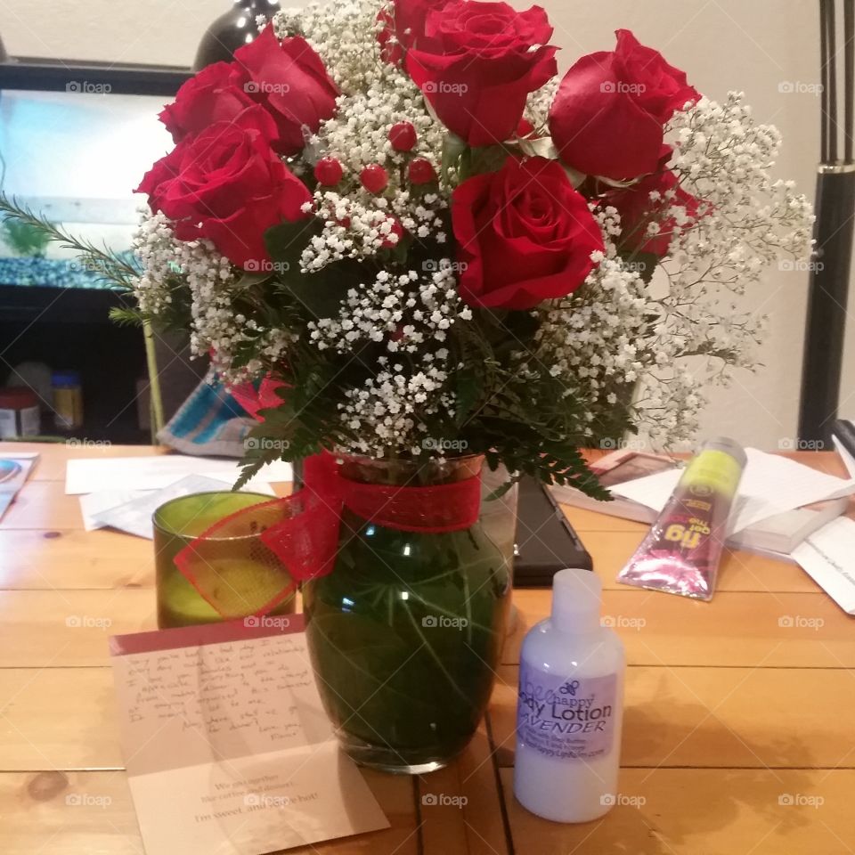 Surprise Roses. my fiance surprised me with roses and lotion for no reason