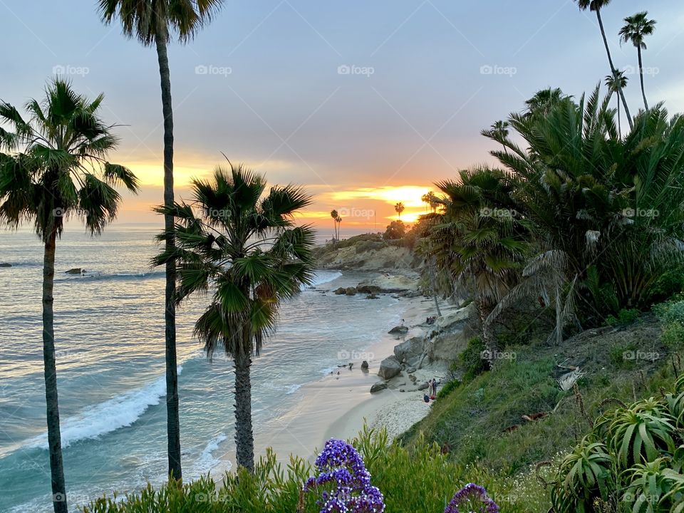 Beautiful sunset overlooking the beach lined with a lush green hillside with palm trees.