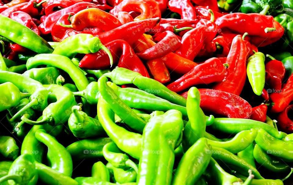 Peppers. Red and green fresh peppers at Changping's market.