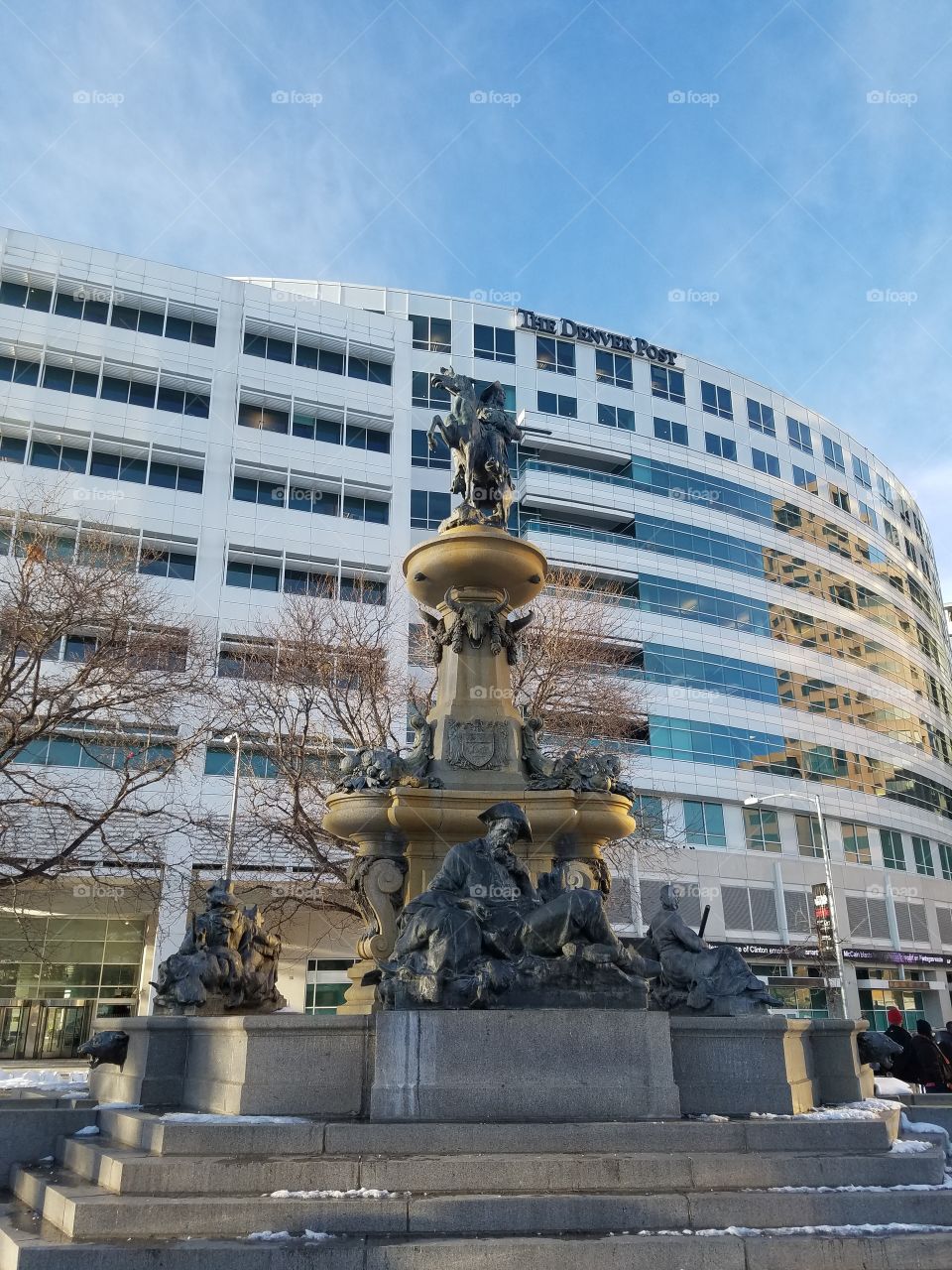 A beautiful fountain in front of the Denver post.